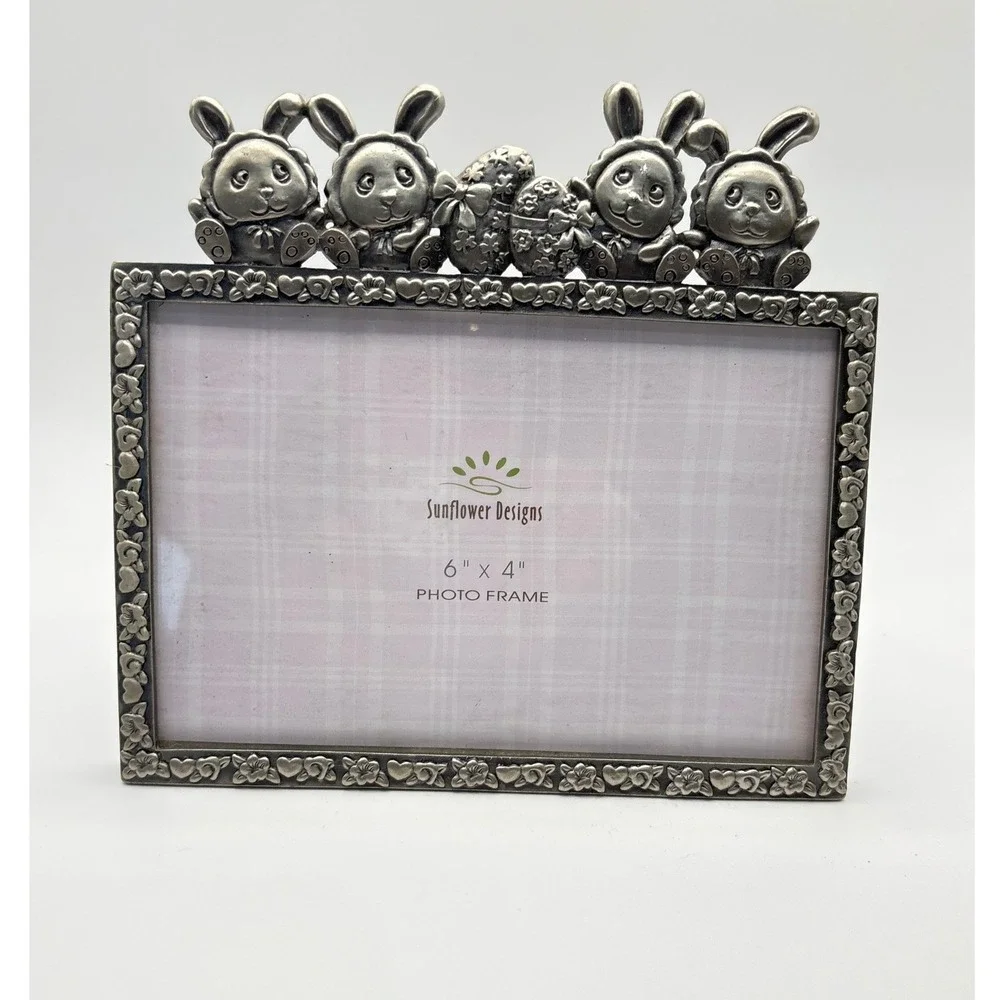 Sunflower Designs Bunny Rabbit 4x6 Photo Frame Easter Eggs Floral Silver Tone